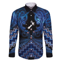Personalised Aotearoa Matariki Family Matching Off The Shoulder Long Sleeve Dress and Hawaiian Shirt Blue Fern Maori Poutama
