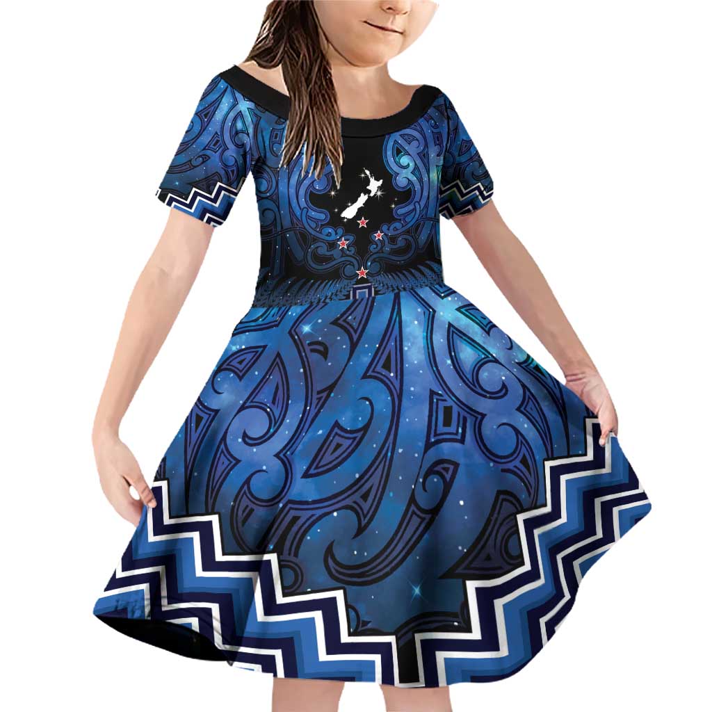 Personalised Aotearoa Matariki Family Matching Off Shoulder Short Dress and Hawaiian Shirt Blue Fern Maori Poutama