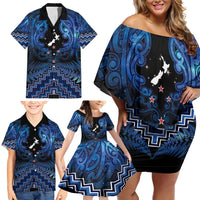 Personalised Aotearoa Matariki Family Matching Off Shoulder Short Dress and Hawaiian Shirt Blue Fern Maori Poutama
