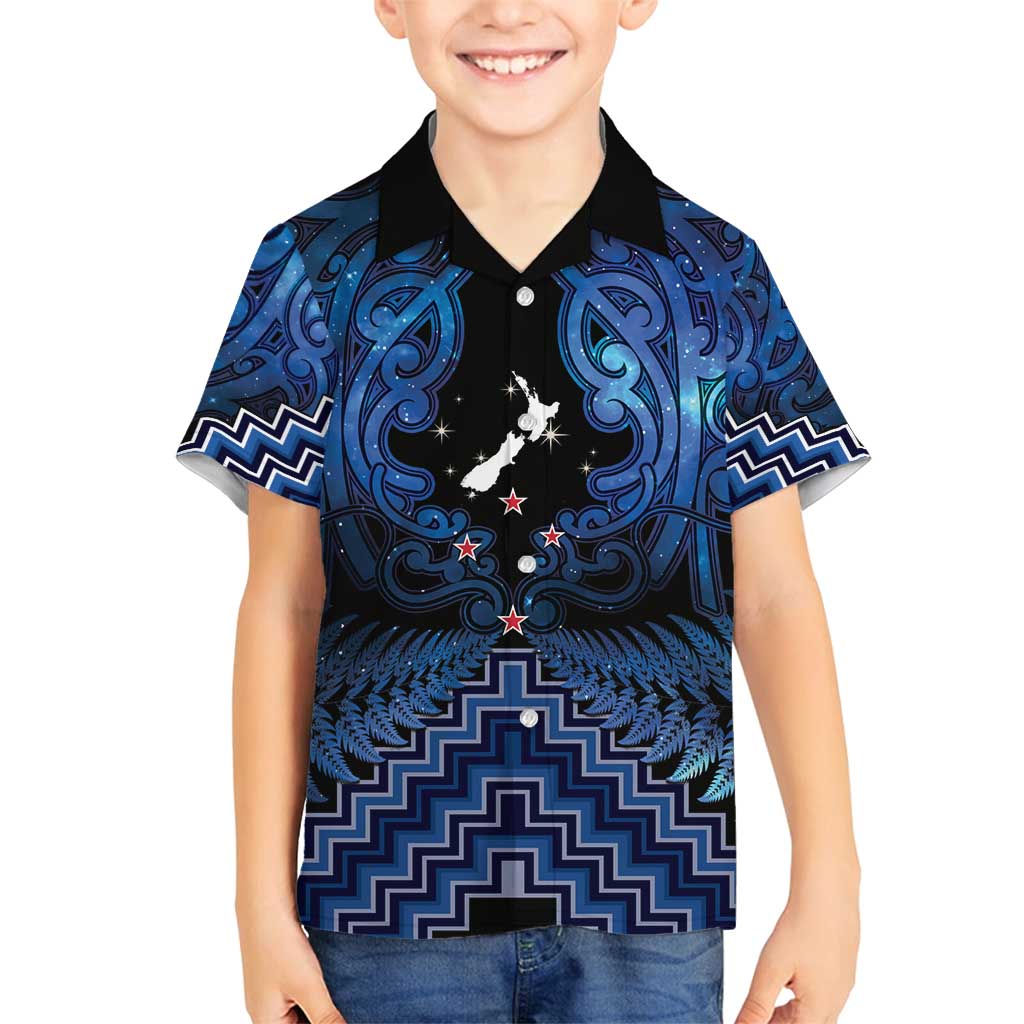 Personalised Aotearoa Matariki Family Matching Off Shoulder Short Dress and Hawaiian Shirt Blue Fern Maori Poutama