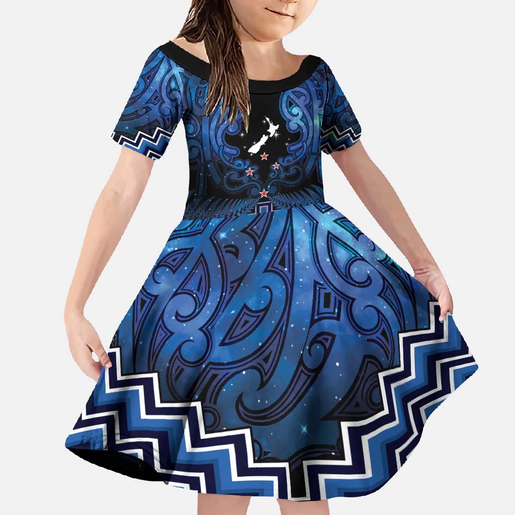 Personalised Aotearoa Matariki Family Matching Summer Maxi Dress and Hawaiian Shirt Blue Fern Maori Poutama LT01 Daughter's Dress Blue - Polynesian Pride