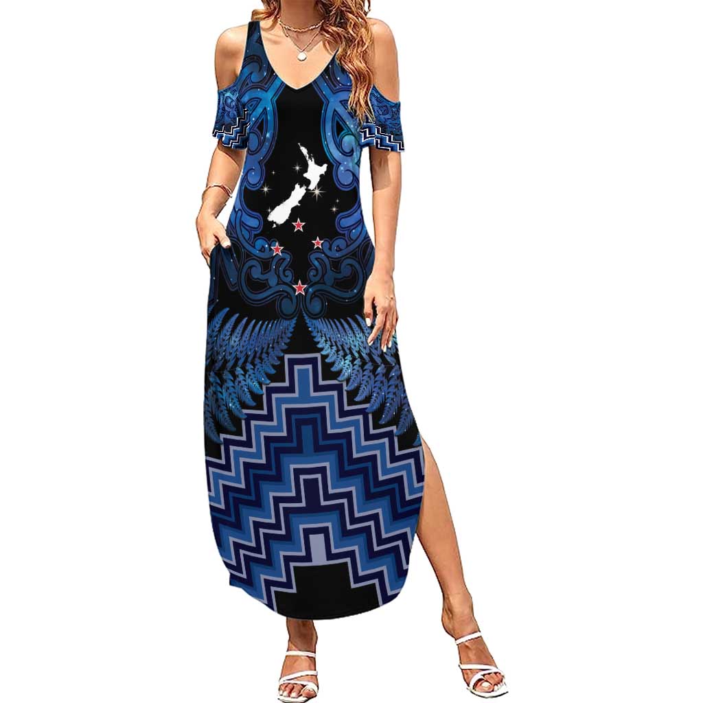Personalised Aotearoa Matariki Family Matching Summer Maxi Dress and Hawaiian Shirt Blue Fern Maori Poutama LT01 Mom's Dress Blue - Polynesian Pride