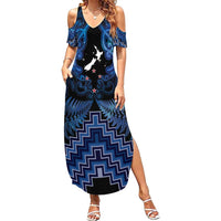 Personalised Aotearoa Matariki Family Matching Summer Maxi Dress and Hawaiian Shirt Blue Fern Maori Poutama LT01 Mom's Dress Blue - Polynesian Pride
