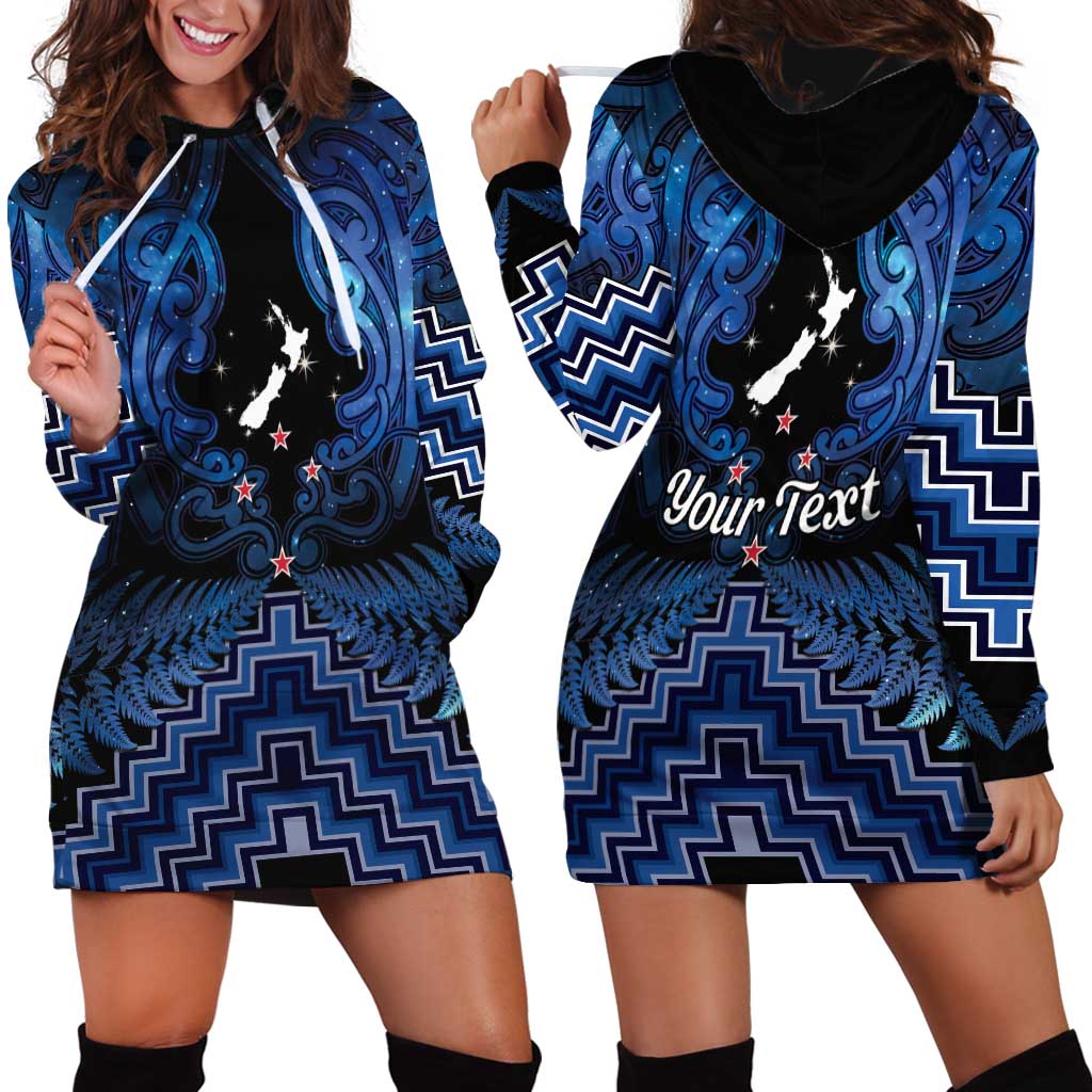 Personalised Aotearoa Matariki Hoodie Dress Blue Fern Maori Poutama