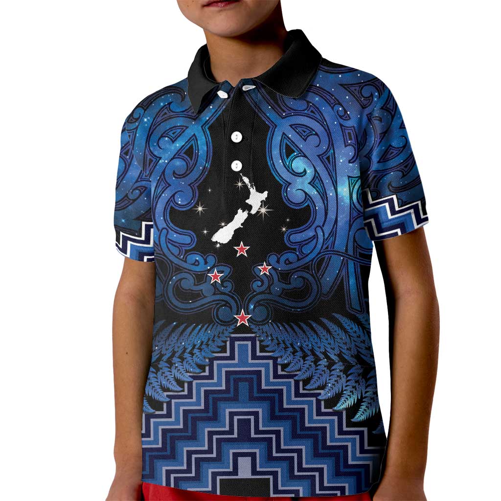 Personalised Aotearoa Matariki Kid Polo Shirt Blue Fern Maori Poutama