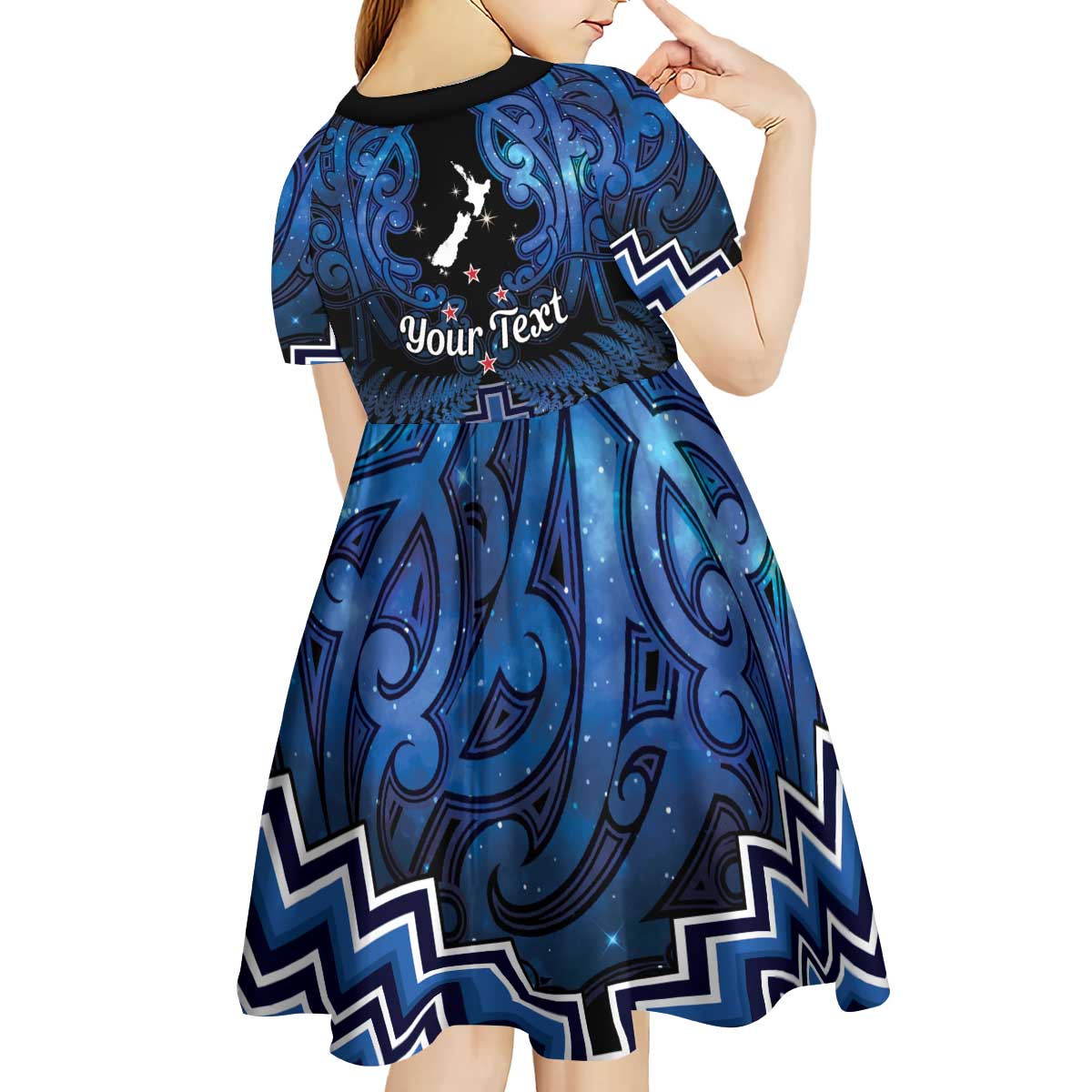Personalised Aotearoa Matariki Kid Short Sleeve Dress Blue Fern Maori Poutama