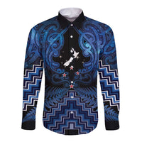 Personalised Aotearoa Matariki Long Sleeve Button Shirt Blue Fern Maori Poutama