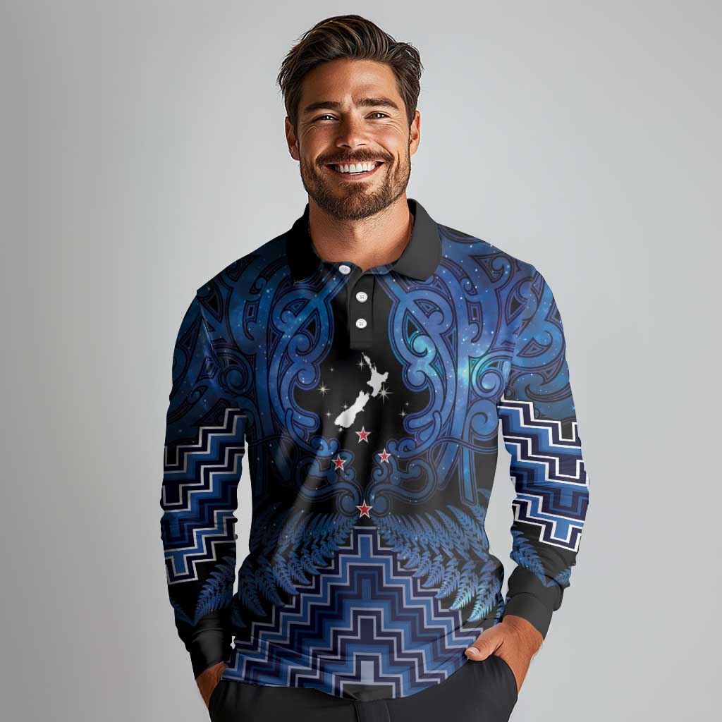 Personalised Aotearoa Matariki Long Sleeve Polo Shirt Blue Fern Maori Poutama