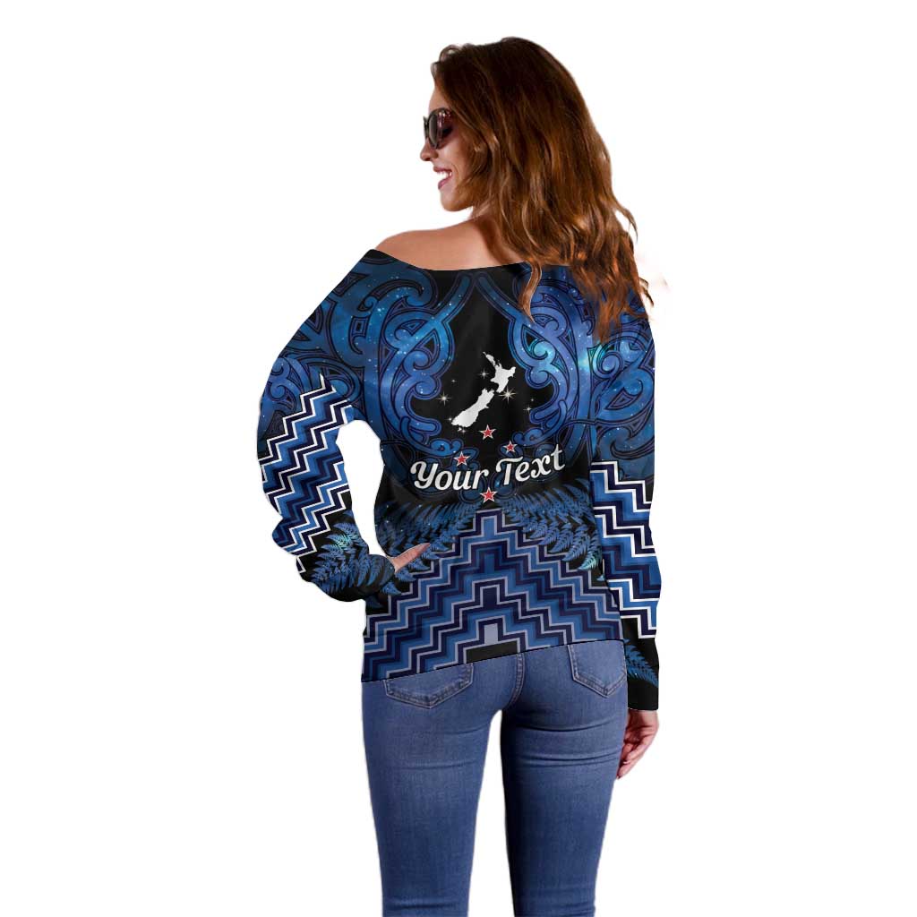 Personalised Aotearoa Matariki Off Shoulder Sweater Blue Fern Maori Poutama