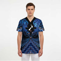 Personalised Aotearoa Matariki Scrub Top Blue Fern Maori Poutama - Polynesian Pride