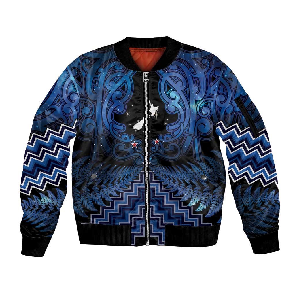 Personalised Aotearoa Matariki Sleeve Zip Bomber Jacket Blue Fern Maori Poutama