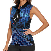 Personalised Aotearoa Matariki Women Sleeveless Polo Shirt Blue Fern Maori Poutama