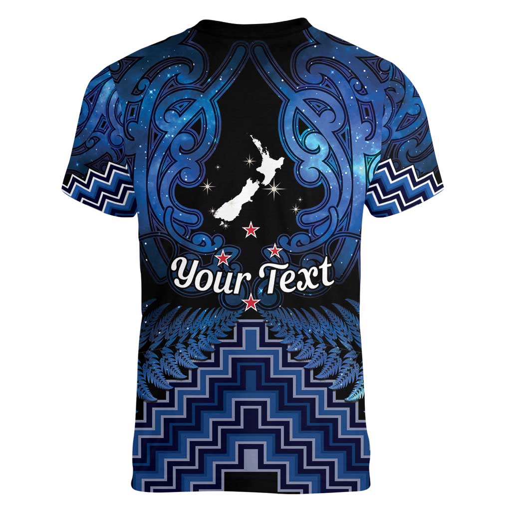 Personalised Aotearoa Matariki Women V-Neck T-Shirt Blue Fern Maori Poutama