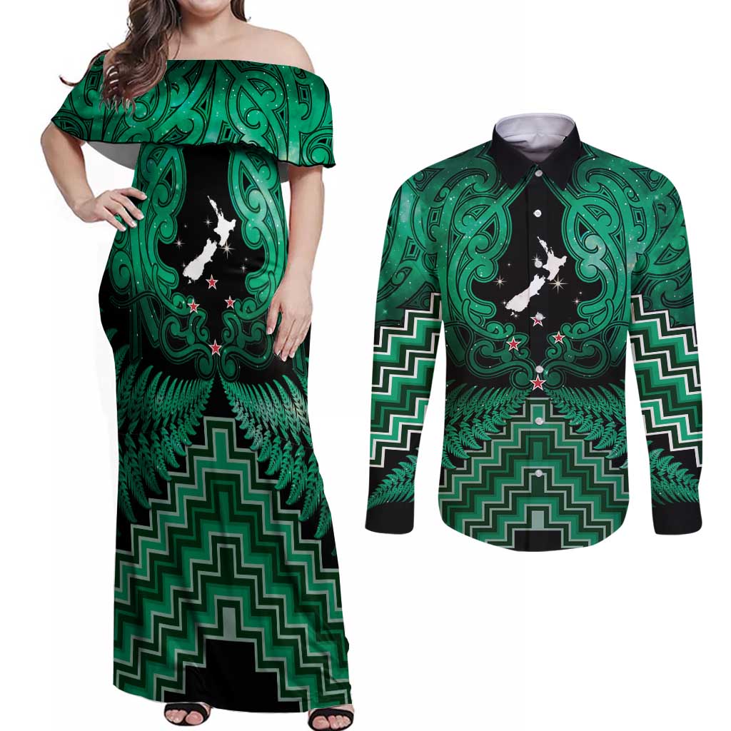 Personalised Aotearoa Matariki Couples Matching Off Shoulder Maxi Dress and Long Sleeve Button Shirt Green Fern Maori Poutama LT01 Green - Polynesian Pride
