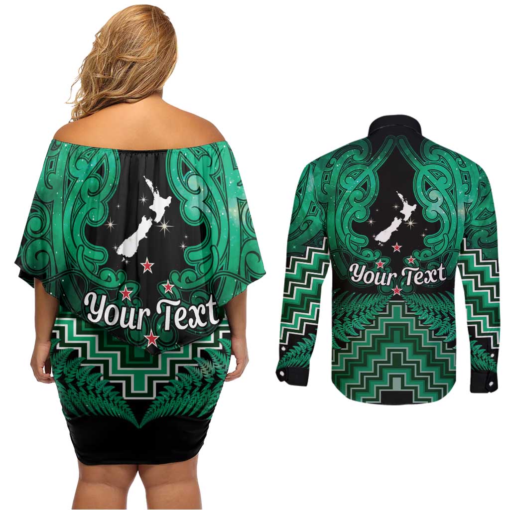 Personalised Aotearoa Matariki Couples Matching Off Shoulder Short Dress and Long Sleeve Button Shirt Green Fern Maori Poutama LT01 - Polynesian Pride
