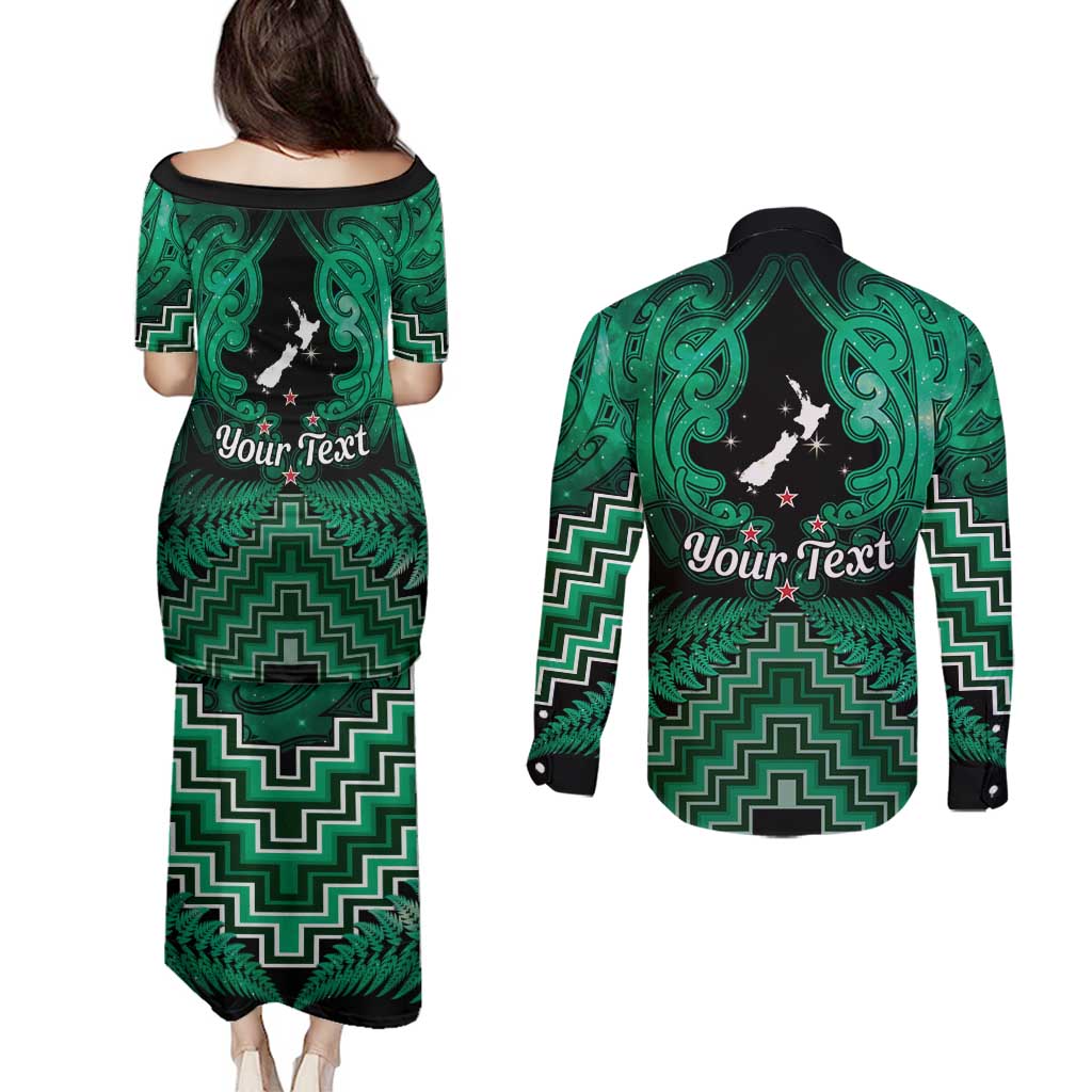 Personalised Aotearoa Matariki Couples Matching Puletasi and Long Sleeve Button Shirt Green Fern Maori Poutama