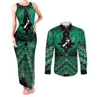 Personalised Aotearoa Matariki Couples Matching Tank Maxi Dress and Long Sleeve Button Shirt Green Fern Maori Poutama LT01 Green - Polynesian Pride