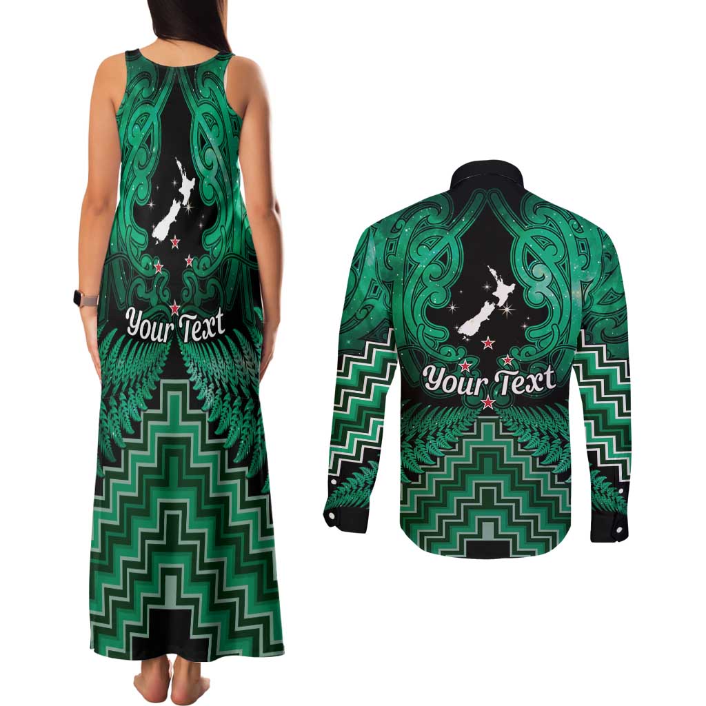 Personalised Aotearoa Matariki Couples Matching Tank Maxi Dress and Long Sleeve Button Shirt Green Fern Maori Poutama LT01 - Polynesian Pride