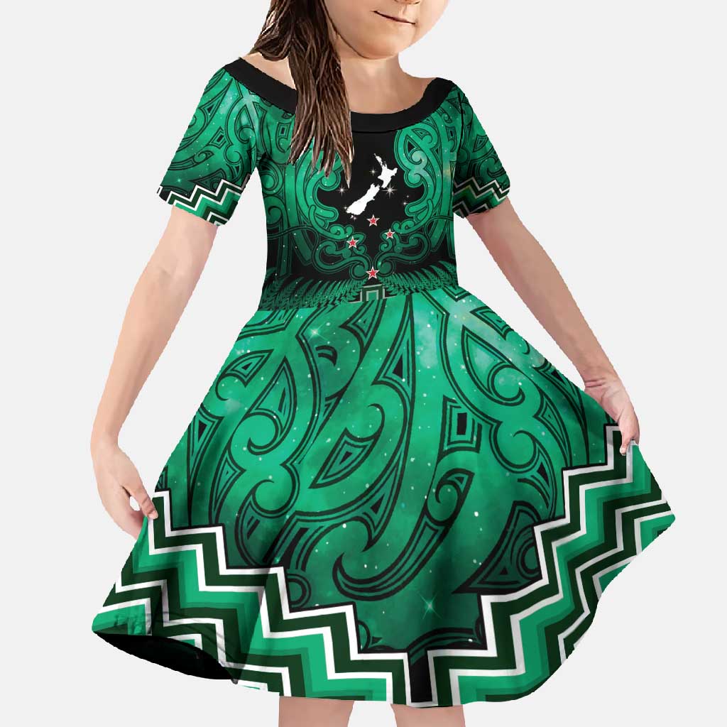 Personalised Aotearoa Matariki Family Matching Long Sleeve Bodycon Dress and Hawaiian Shirt Green Fern Maori Poutama LT01 Daughter's Dress Green - Polynesian Pride