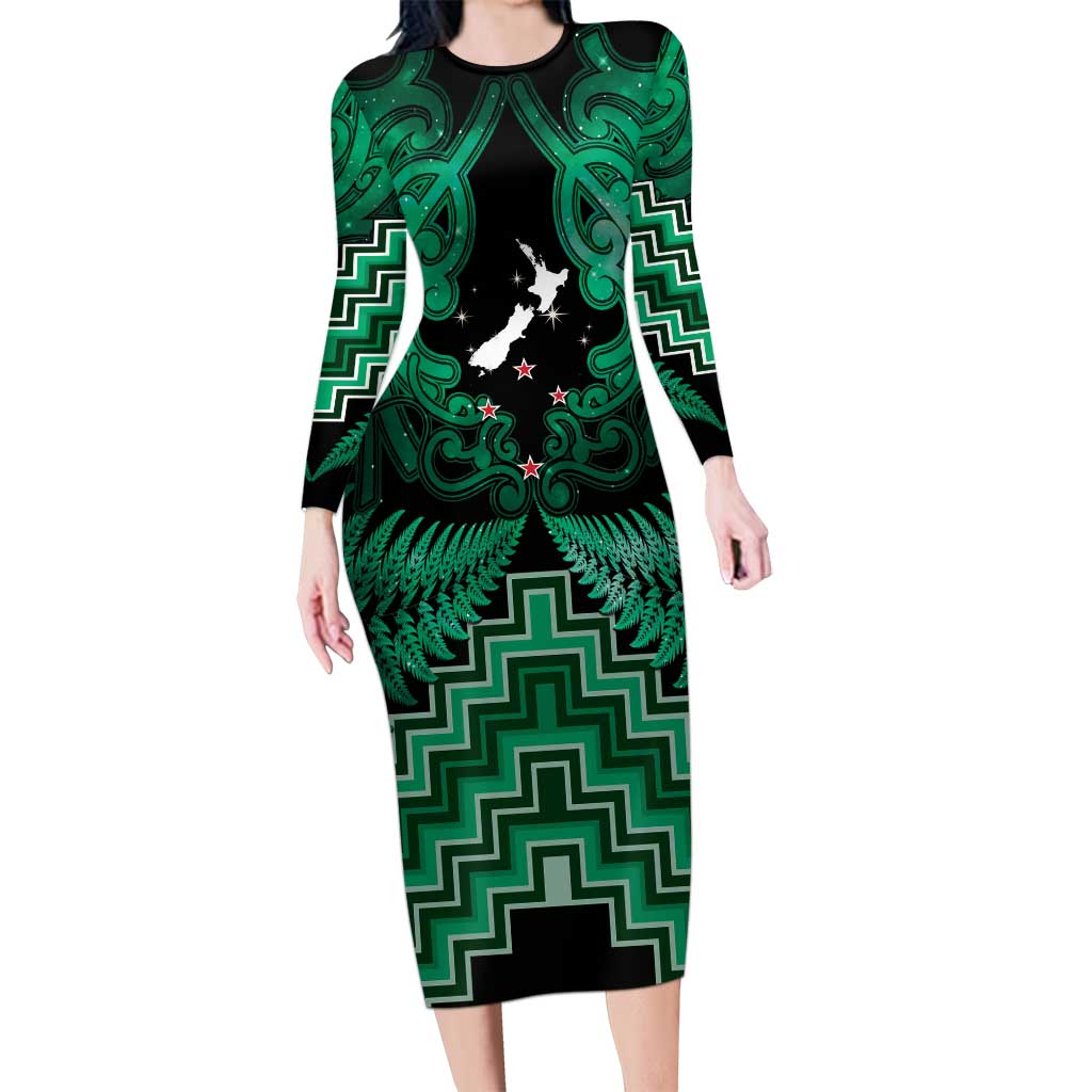 Personalised Aotearoa Matariki Family Matching Long Sleeve Bodycon Dress and Hawaiian Shirt Green Fern Maori Poutama LT01 Mom's Dress Green - Polynesian Pride