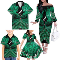 Personalised Aotearoa Matariki Family Matching Off The Shoulder Long Sleeve Dress and Hawaiian Shirt Green Fern Maori Poutama