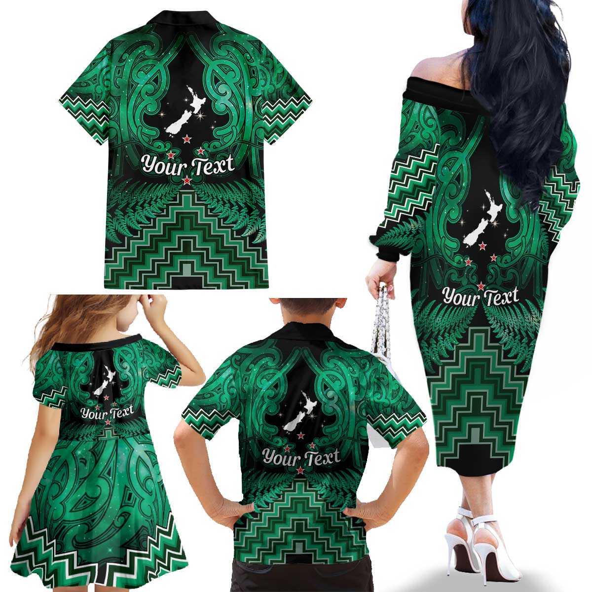 Personalised Aotearoa Matariki Family Matching Off The Shoulder Long Sleeve Dress and Hawaiian Shirt Green Fern Maori Poutama