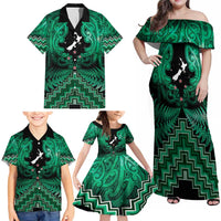 Personalised Aotearoa Matariki Family Matching Off Shoulder Maxi Dress and Hawaiian Shirt Green Fern Maori Poutama
