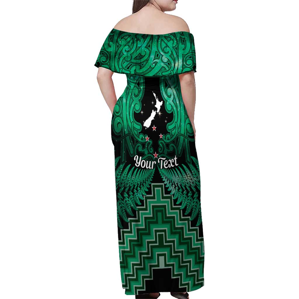 Personalised Aotearoa Matariki Family Matching Off Shoulder Maxi Dress and Hawaiian Shirt Green Fern Maori Poutama