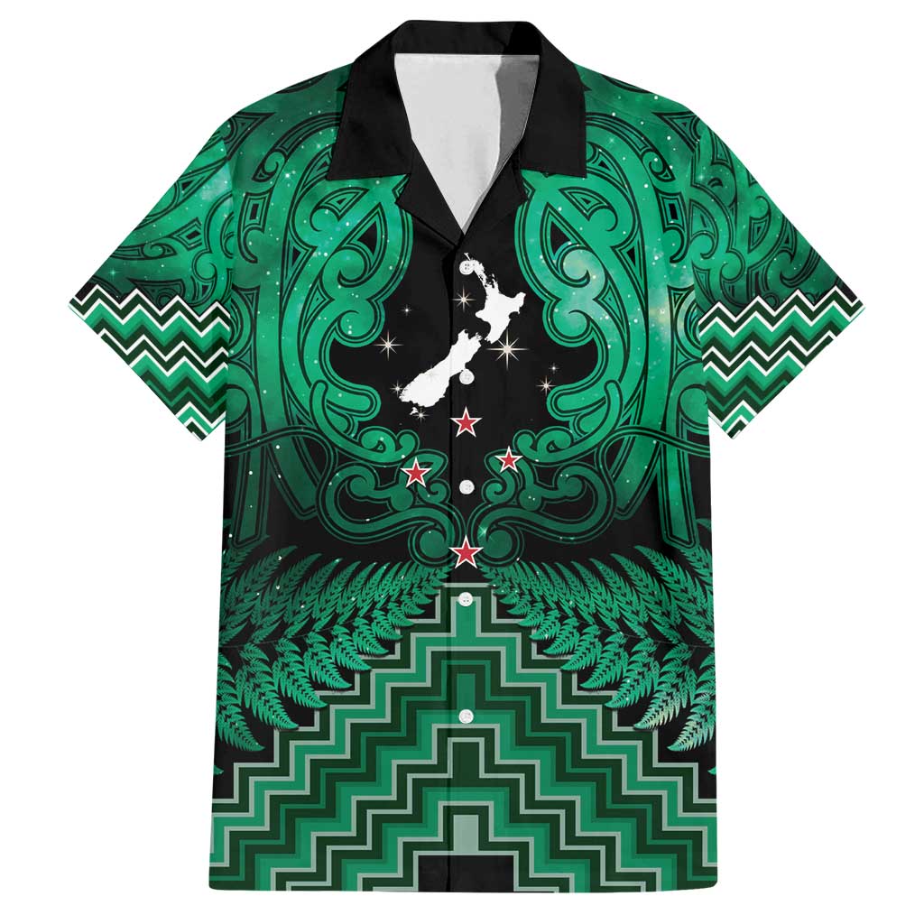 Personalised Aotearoa Matariki Family Matching Off Shoulder Short Dress and Hawaiian Shirt Green Fern Maori Poutama