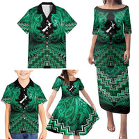 Personalised Aotearoa Matariki Family Matching Puletasi and Hawaiian Shirt Green Fern Maori Poutama