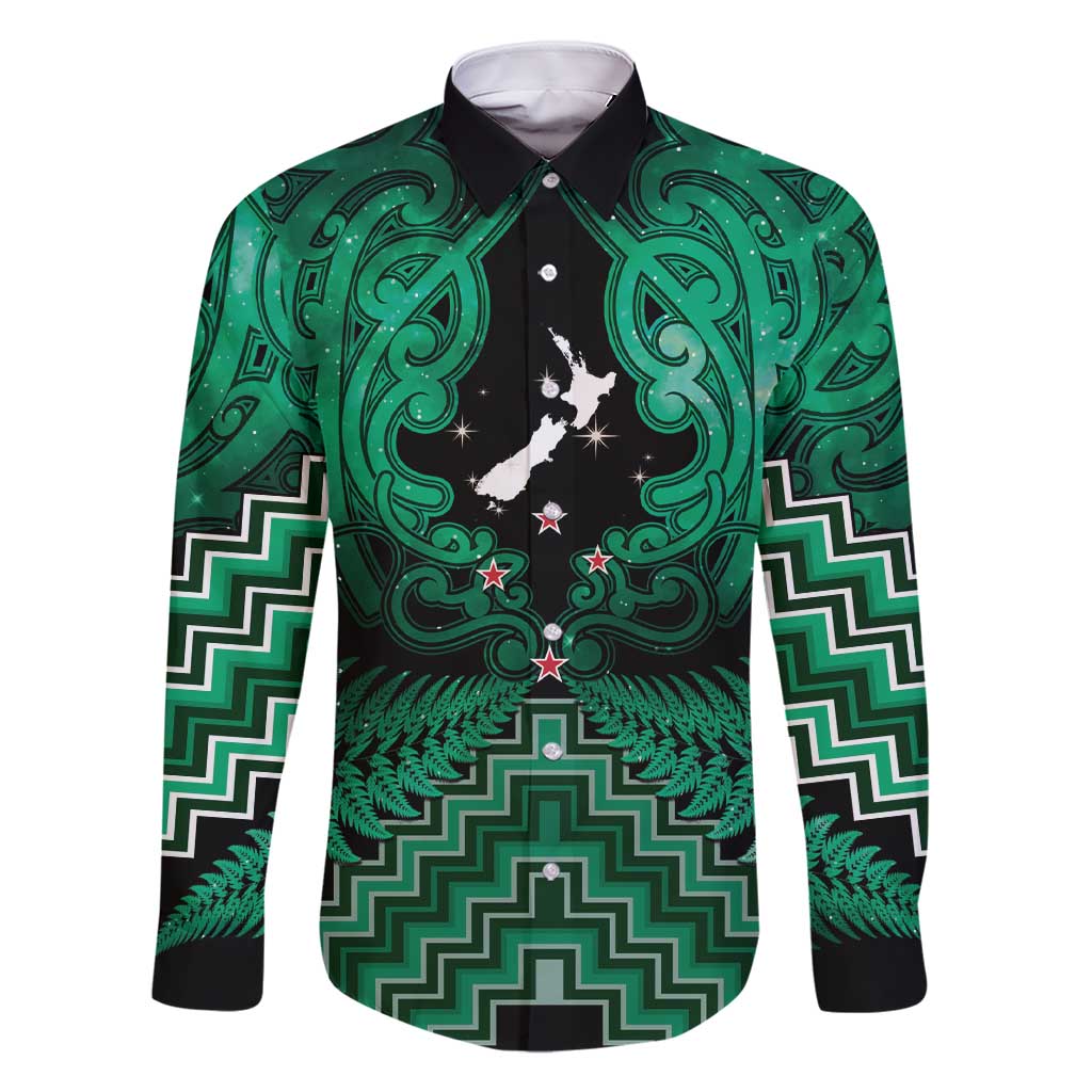 Personalised Aotearoa Matariki Family Matching Short Sleeve Bodycon Dress and Hawaiian Shirt Green Fern Maori Poutama LT01 Dad's Shirt - Long Sleeve Green - Polynesian Pride