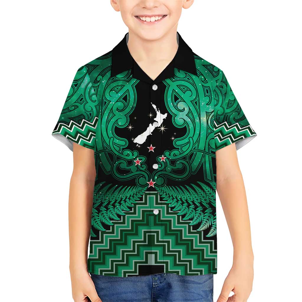 Personalised Aotearoa Matariki Family Matching Short Sleeve Bodycon Dress and Hawaiian Shirt Green Fern Maori Poutama LT01 Son's Shirt Green - Polynesian Pride