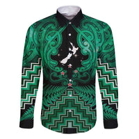 Personalised Aotearoa Matariki Family Matching Summer Maxi Dress and Hawaiian Shirt Green Fern Maori Poutama LT01 Dad's Shirt - Long Sleeve Green - Polynesian Pride