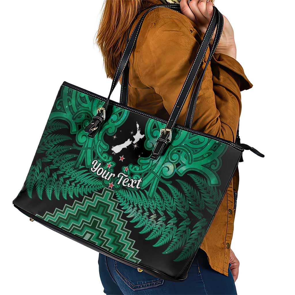 Personalised Aotearoa Matariki Leather Tote Bag Green Fern Maori Poutama