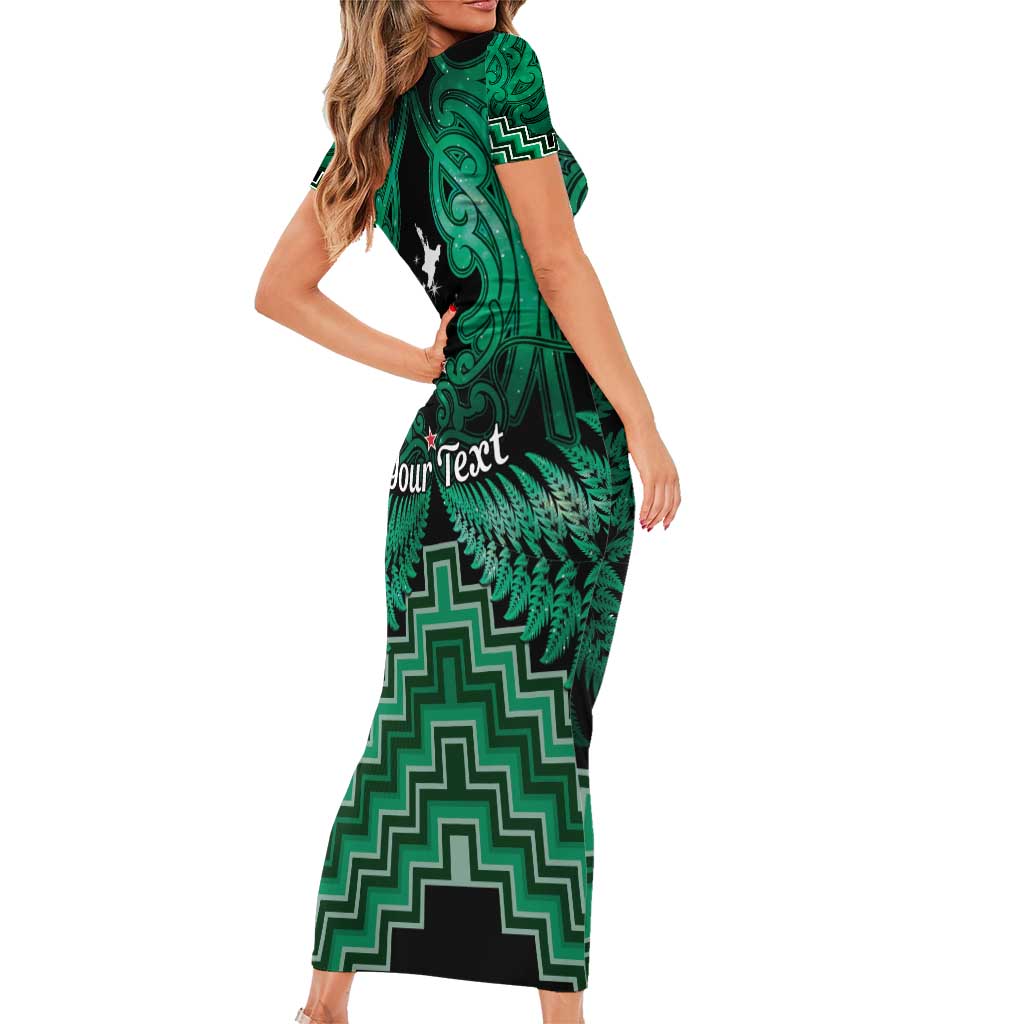 Personalised Aotearoa Matariki Short Sleeve Bodycon Dress Green Fern Maori Poutama