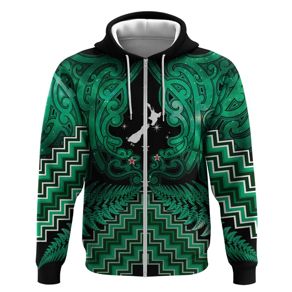 Personalised Aotearoa Matariki Zip Hoodie Green Fern Maori Poutama