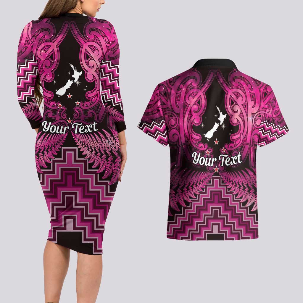Personalised Aotearoa Matariki Couples Matching Long Sleeve Bodycon Dress and Hawaiian Shirt Pink Fern Maori Poutama