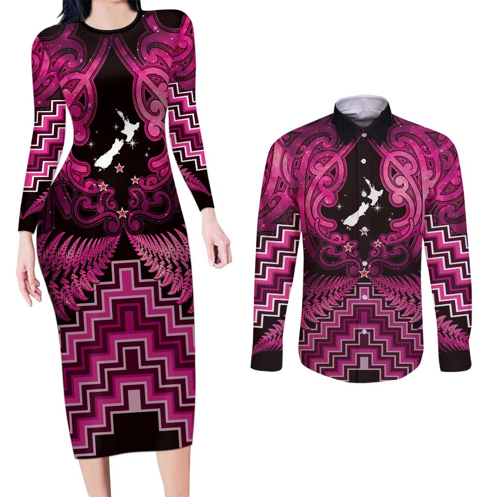 Personalised Aotearoa Matariki Couples Matching Long Sleeve Bodycon Dress and Long Sleeve Button Shirt Pink Fern Maori Poutama