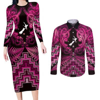 Personalised Aotearoa Matariki Couples Matching Long Sleeve Bodycon Dress and Long Sleeve Button Shirt Pink Fern Maori Poutama