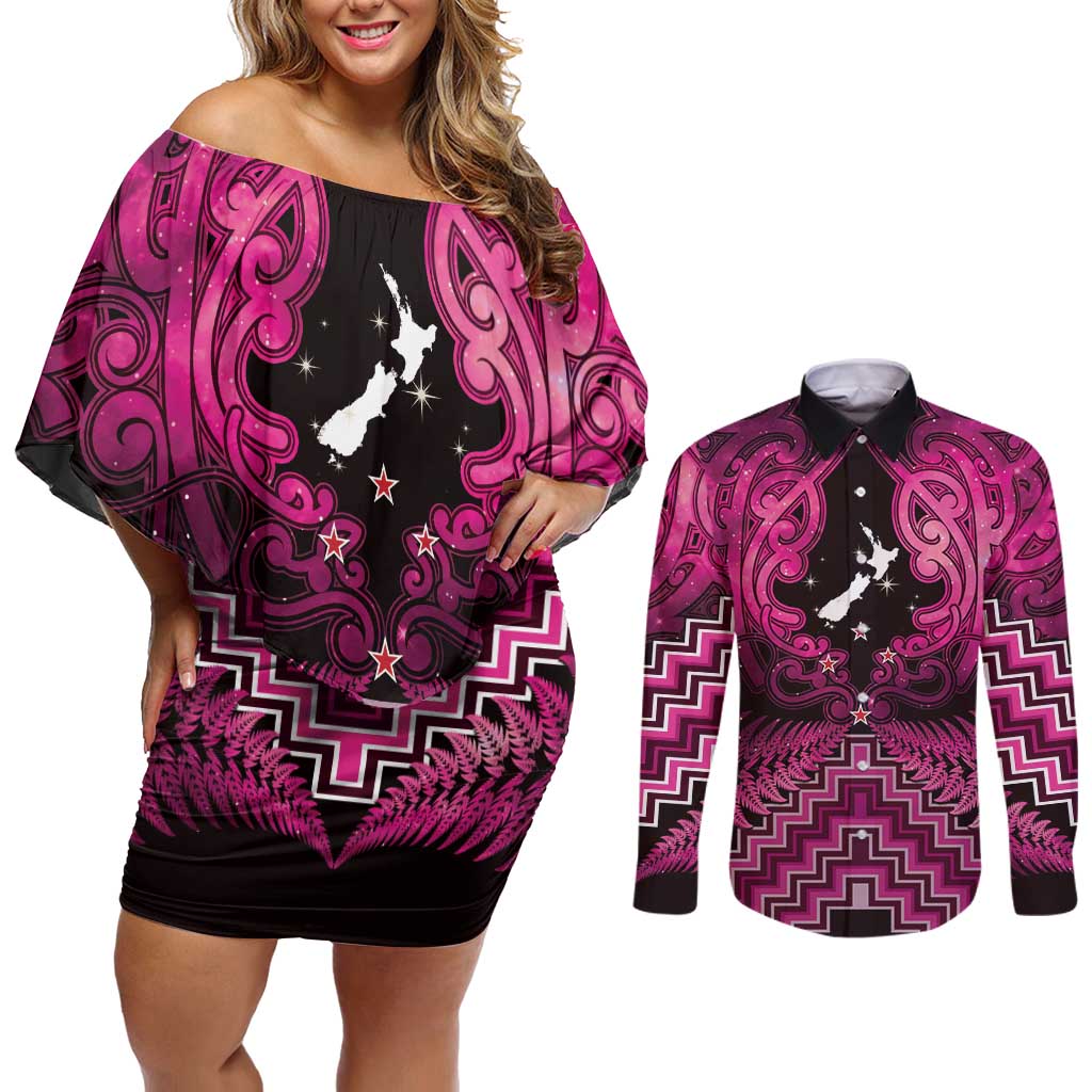Personalised Aotearoa Matariki Couples Matching Off Shoulder Short Dress and Long Sleeve Button Shirt Pink Fern Maori Poutama