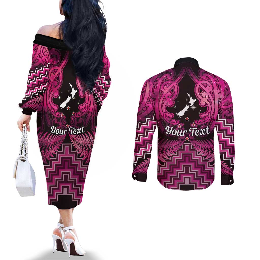 Personalised Aotearoa Matariki Couples Matching Off The Shoulder Long Sleeve Dress and Long Sleeve Button Shirt Pink Fern Maori Poutama