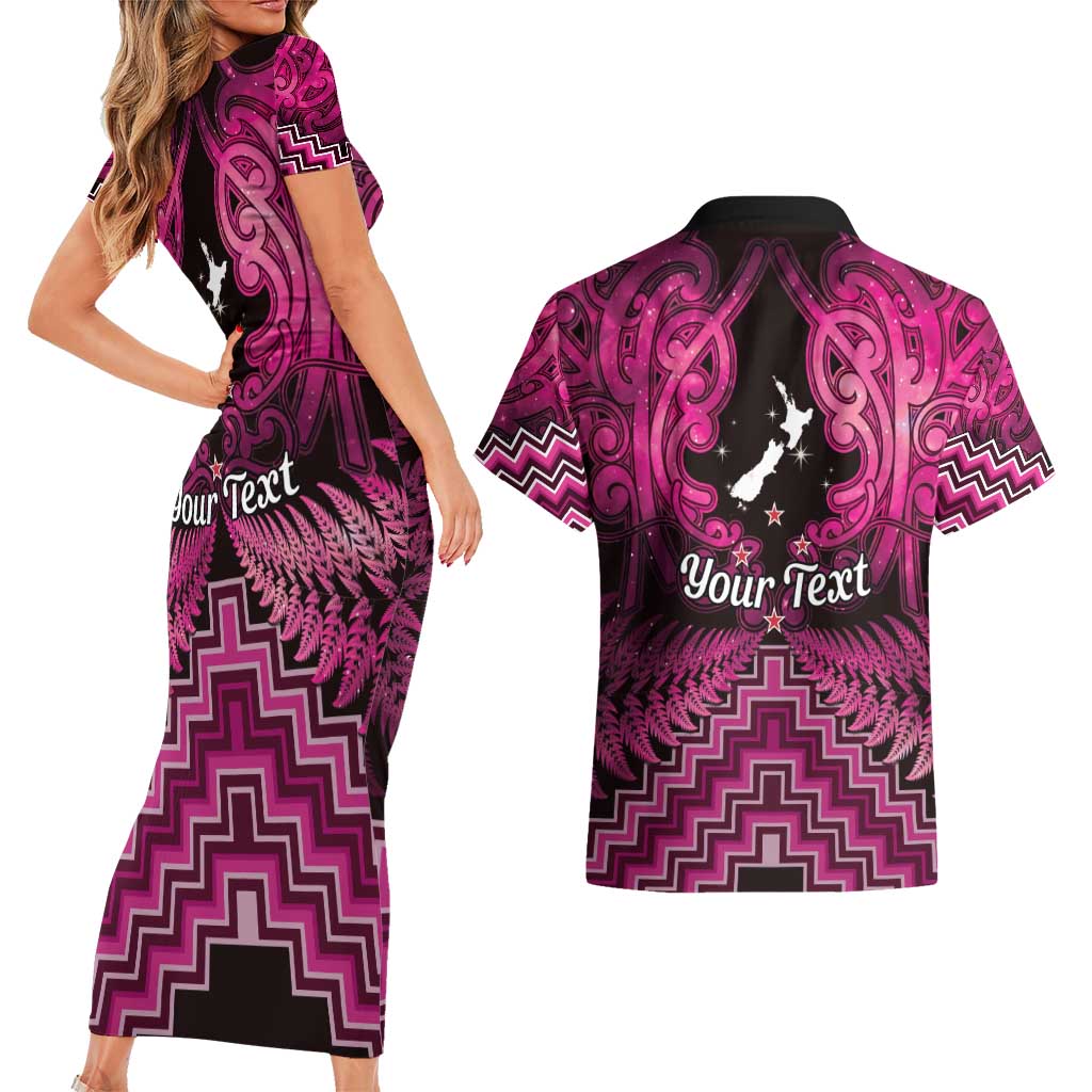 Personalised Aotearoa Matariki Couples Matching Short Sleeve Bodycon Dress and Hawaiian Shirt Pink Fern Maori Poutama LT01 - Polynesian Pride