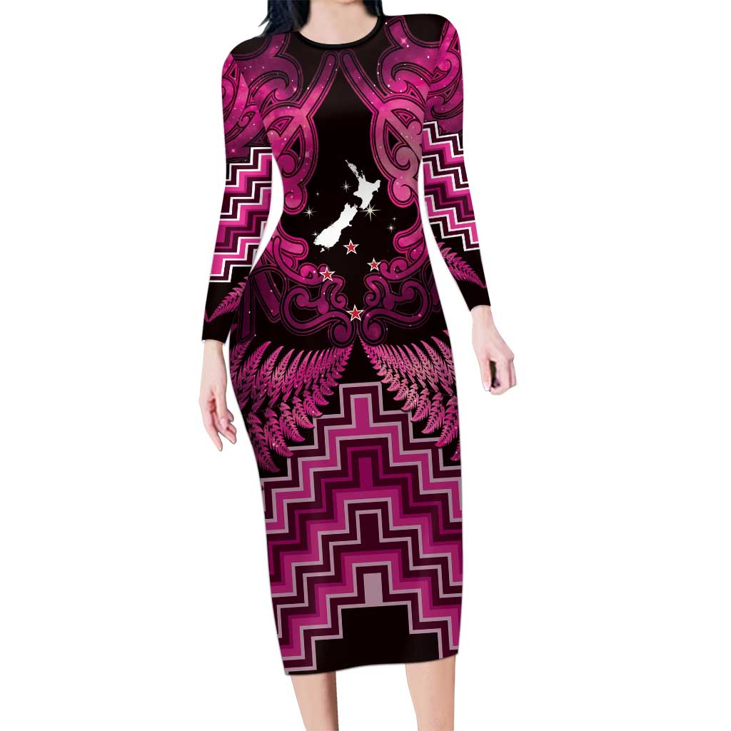 Personalised Aotearoa Matariki Family Matching Long Sleeve Bodycon Dress and Hawaiian Shirt Pink Fern Maori Poutama LT01 Mom's Dress Pink - Polynesian Pride