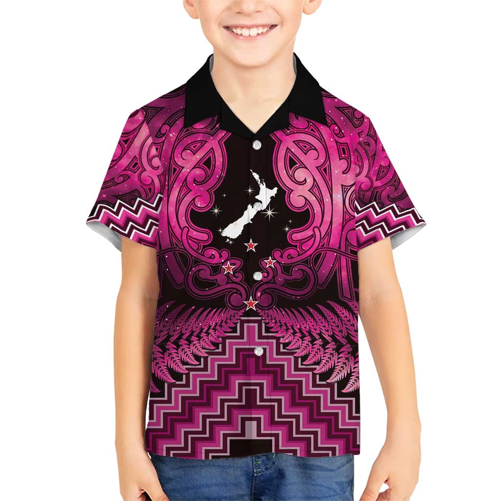 Personalised Aotearoa Matariki Family Matching Long Sleeve Bodycon Dress and Hawaiian Shirt Pink Fern Maori Poutama LT01 Son's Shirt Pink - Polynesian Pride