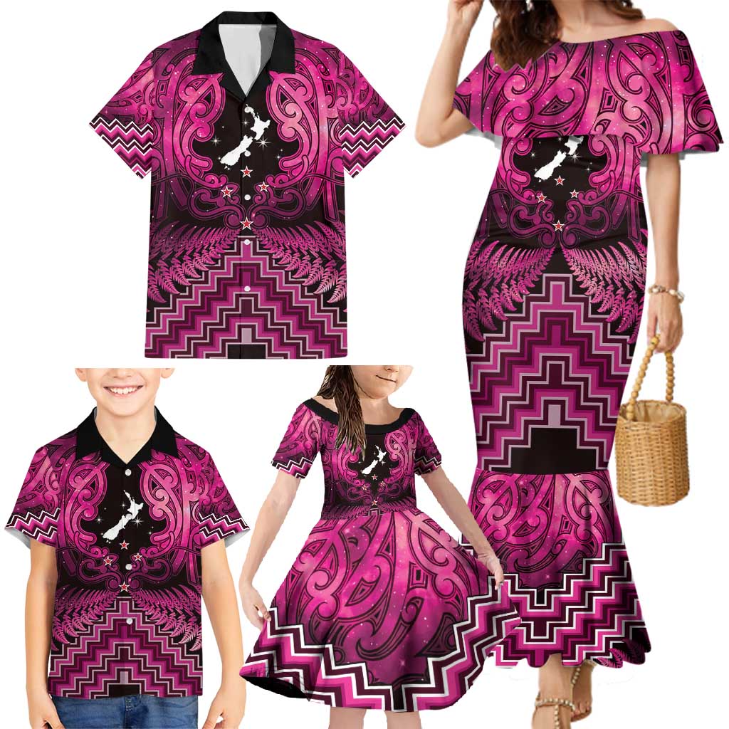 Personalised Aotearoa Matariki Family Matching Mermaid Dress and Hawaiian Shirt Pink Fern Maori Poutama LT01 - Polynesian Pride