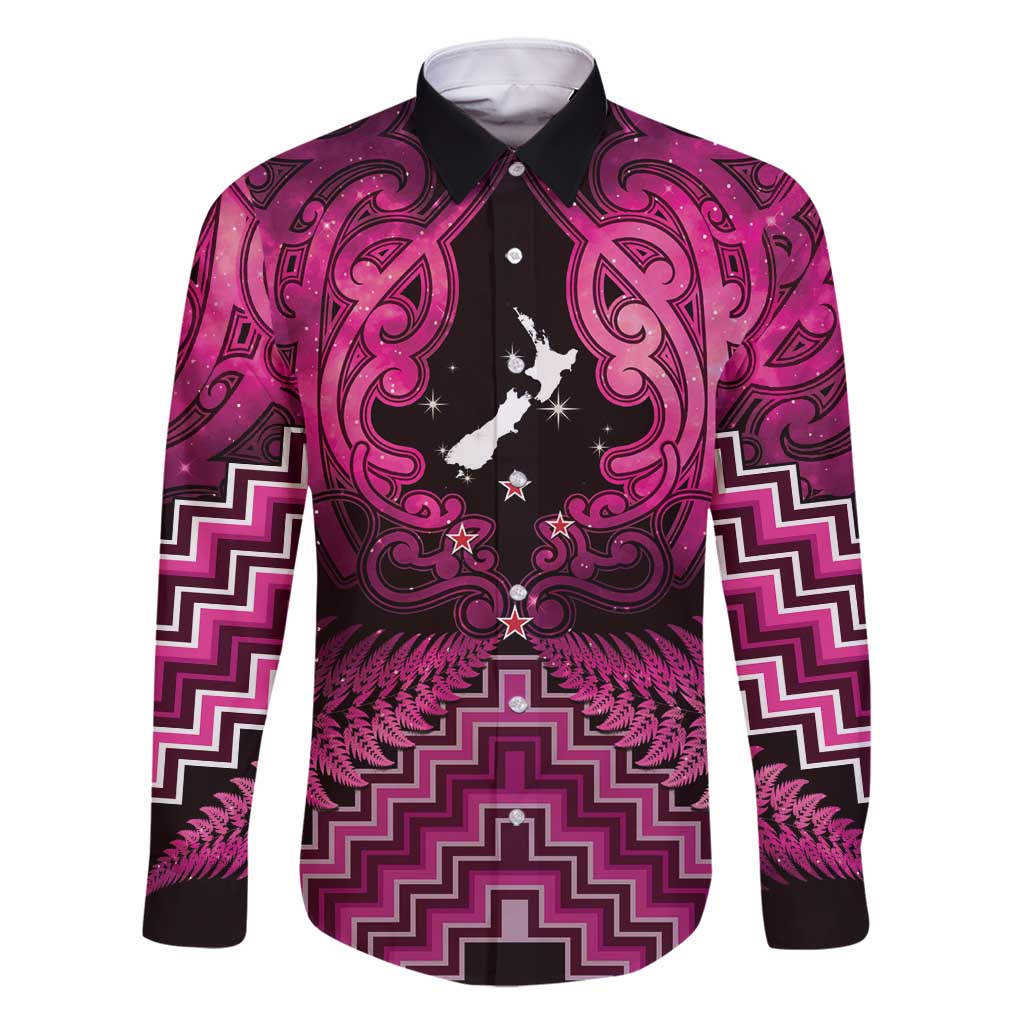 Personalised Aotearoa Matariki Family Matching Mermaid Dress and Hawaiian Shirt Pink Fern Maori Poutama LT01 Dad's Shirt - Long Sleeve Pink - Polynesian Pride