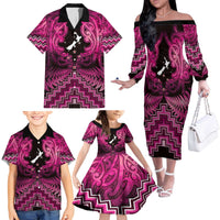 Personalised Aotearoa Matariki Family Matching Off The Shoulder Long Sleeve Dress and Hawaiian Shirt Pink Fern Maori Poutama