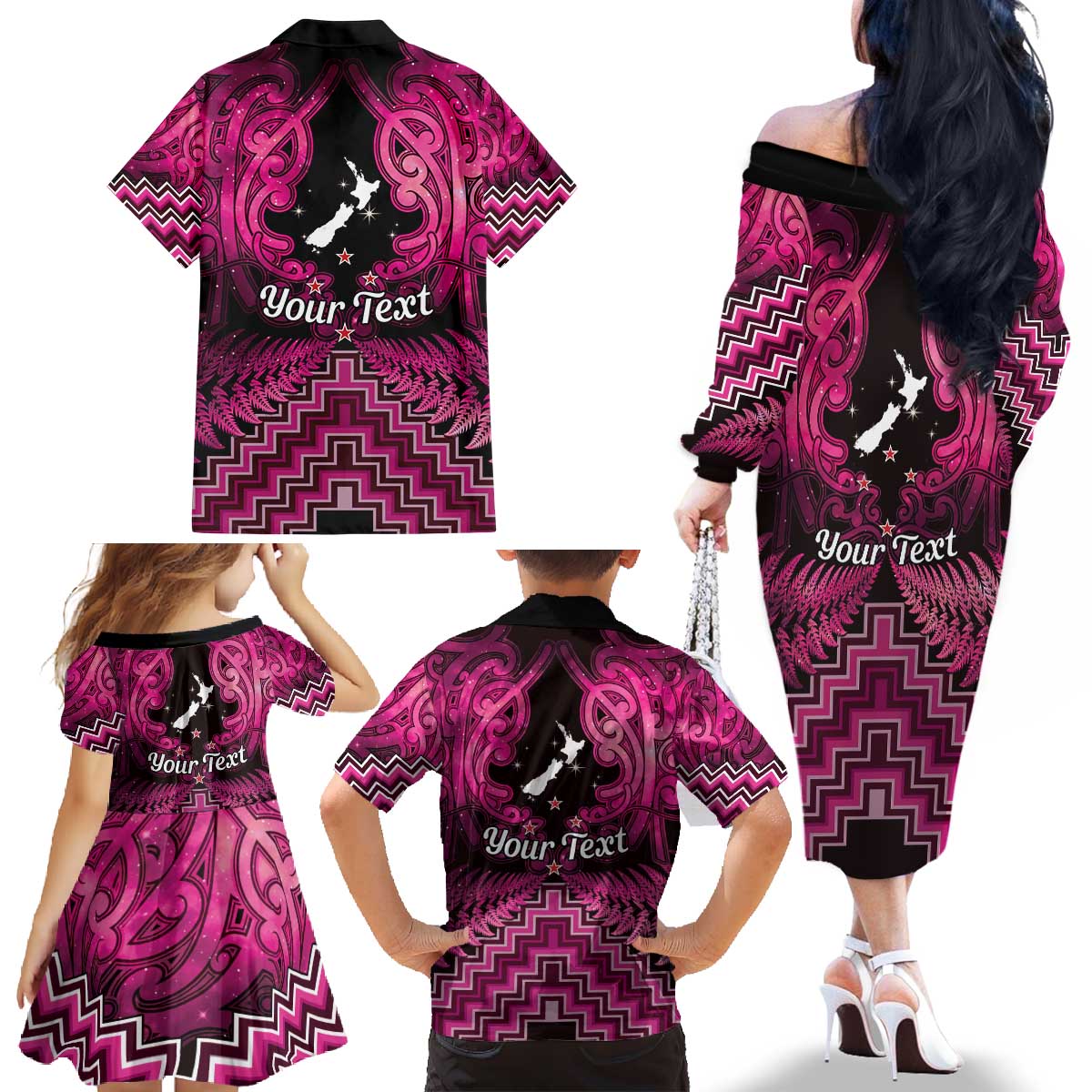 Personalised Aotearoa Matariki Family Matching Off The Shoulder Long Sleeve Dress and Hawaiian Shirt Pink Fern Maori Poutama