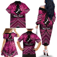 Personalised Aotearoa Matariki Family Matching Off The Shoulder Long Sleeve Dress and Hawaiian Shirt Pink Fern Maori Poutama