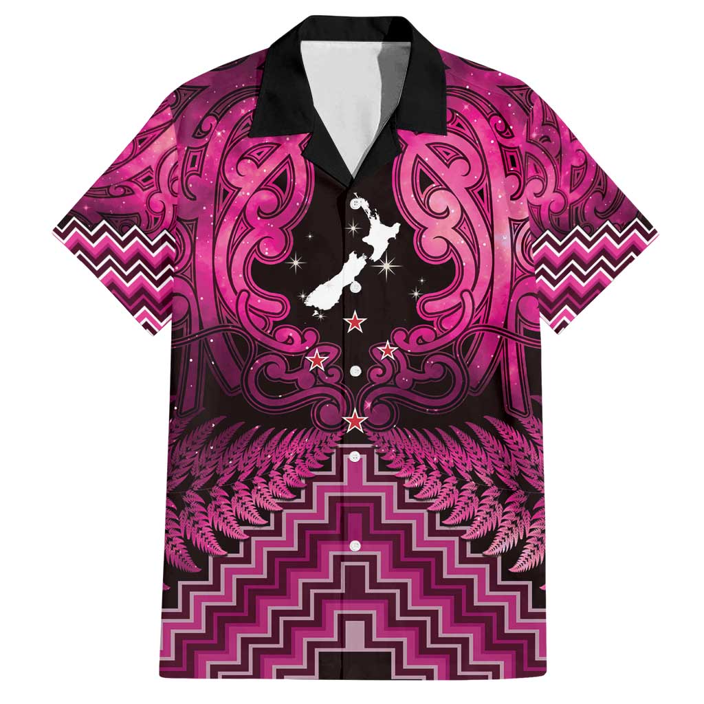 Personalised Aotearoa Matariki Family Matching Off Shoulder Maxi Dress and Hawaiian Shirt Pink Fern Maori Poutama